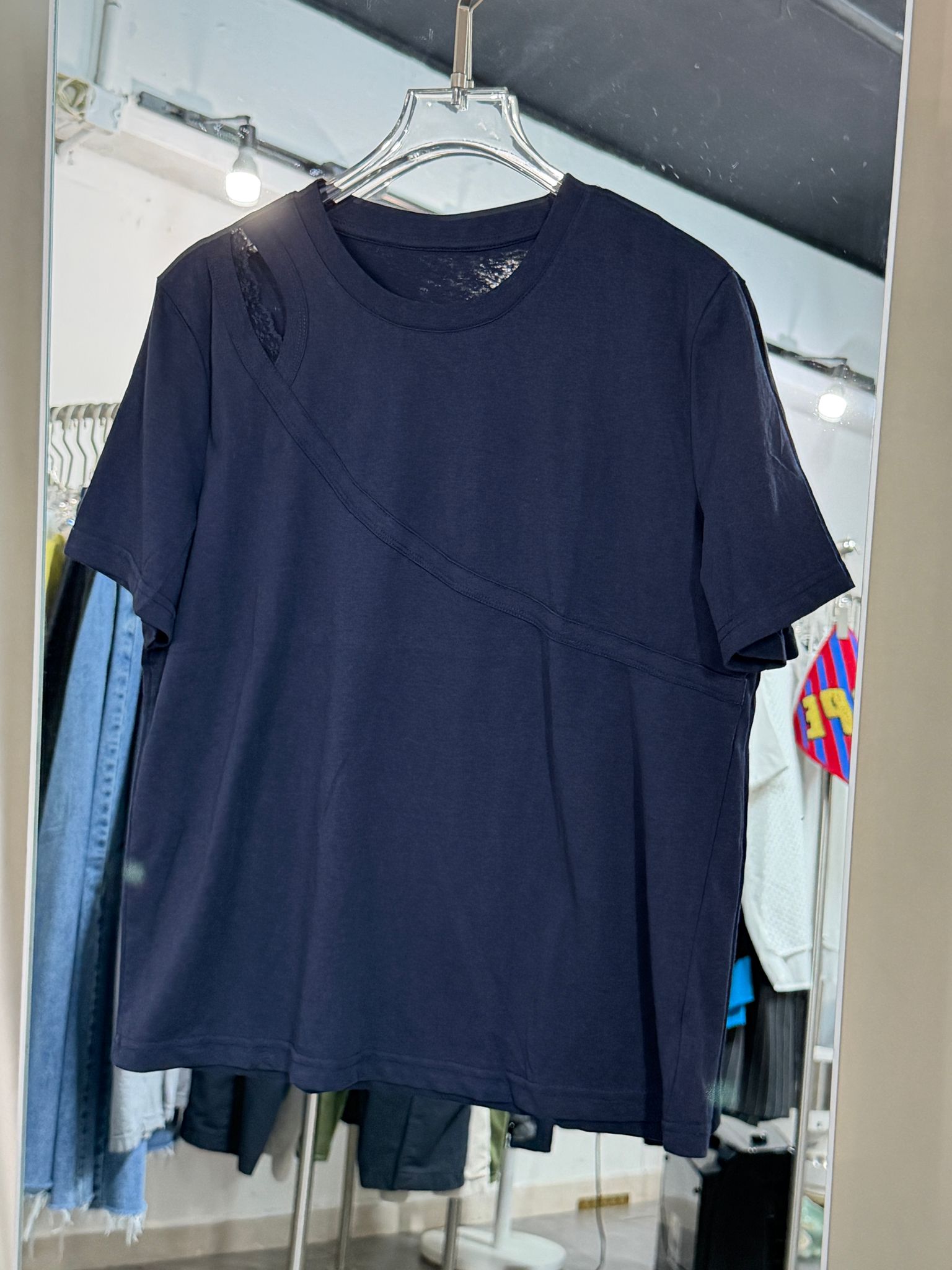 Lace Trim深藍色圓領上衣