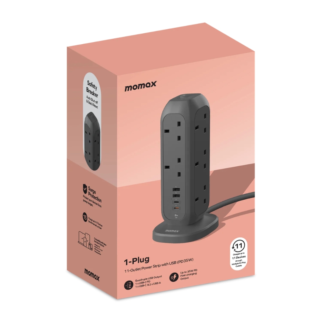 MOMAX 1‑Plug PD35W 11位拖板 US11A｜PD 快充・11 插位・過載保護・家居/辦公必備拖板｜香港行貨