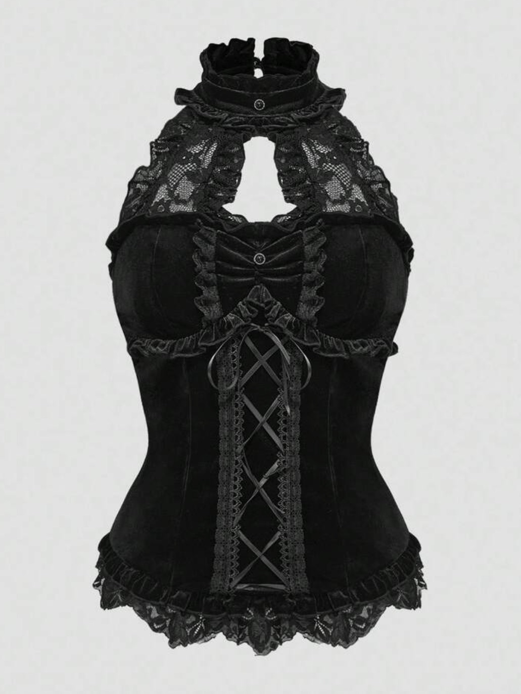 Romwe Gothic Velvet Halter Top with Lace Corset Detailing