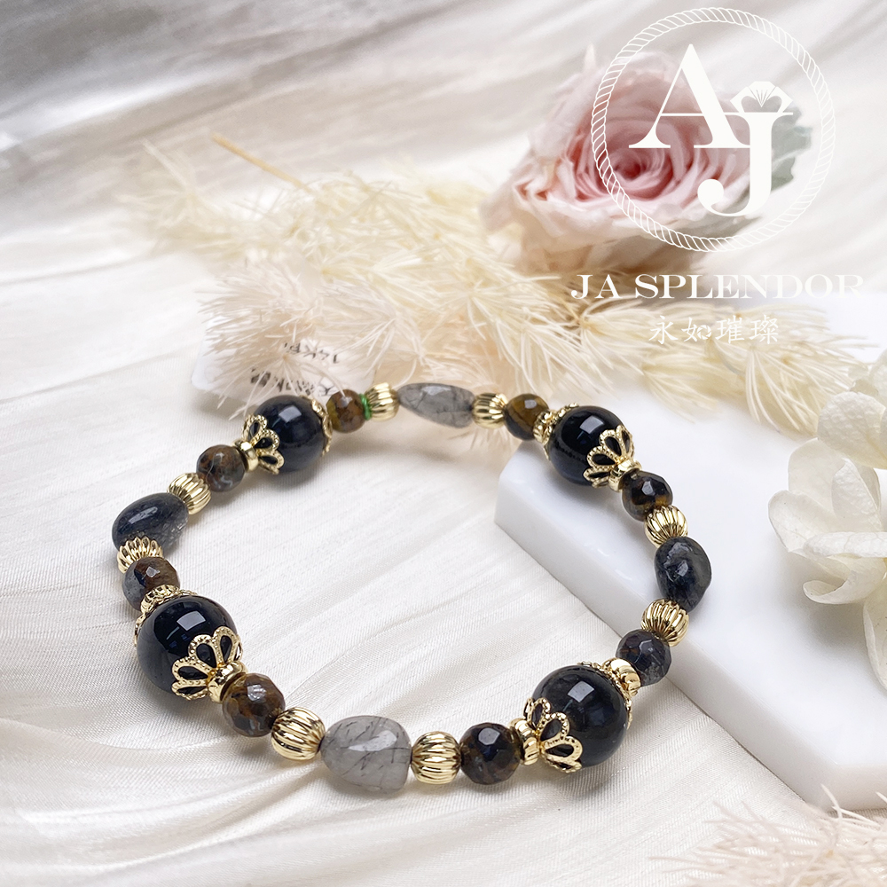 CY-03 黑髮晶銀曜黃虎眼14K包金水晶手鏈