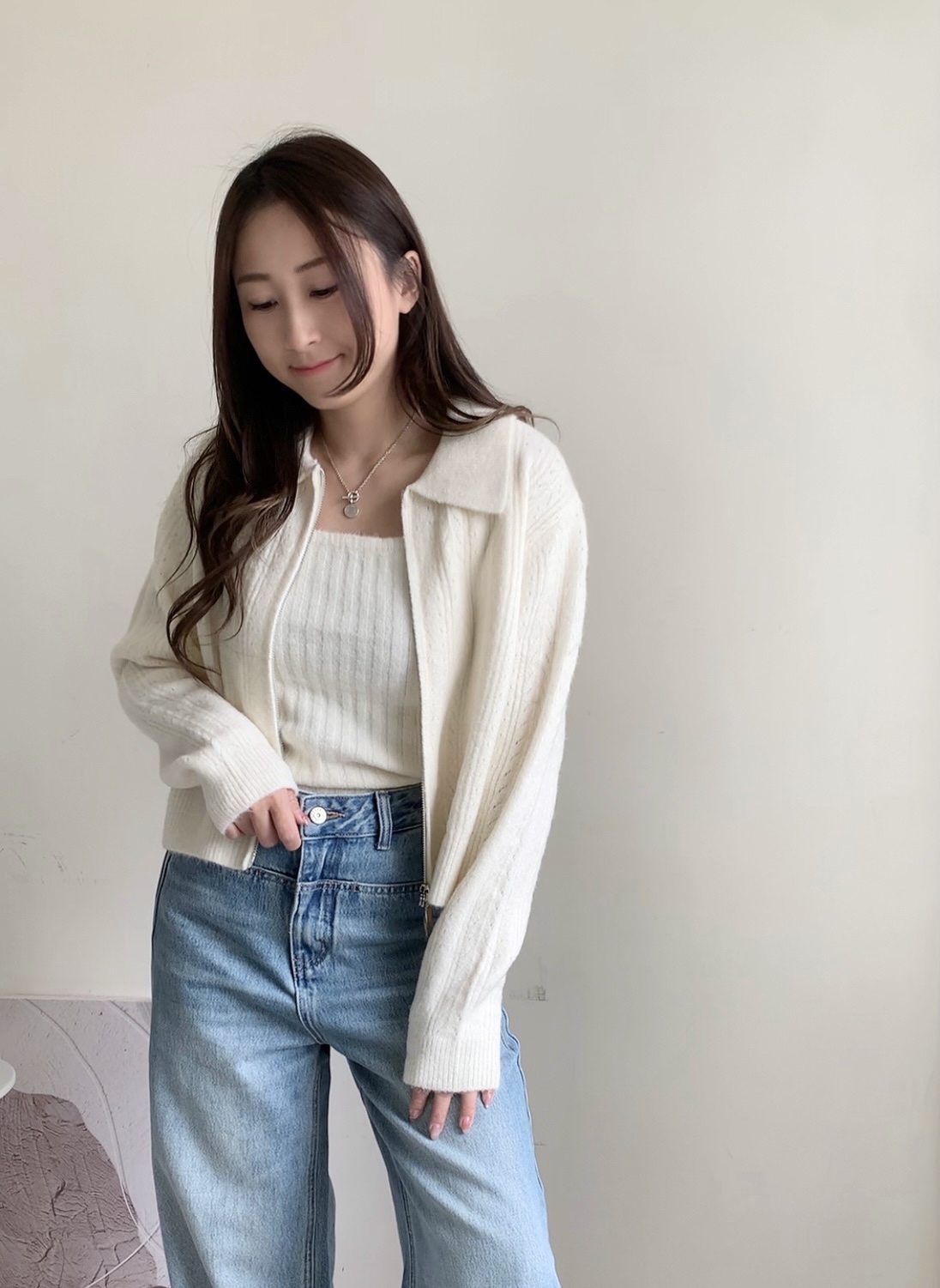 通花拉鍊反領外套-米白