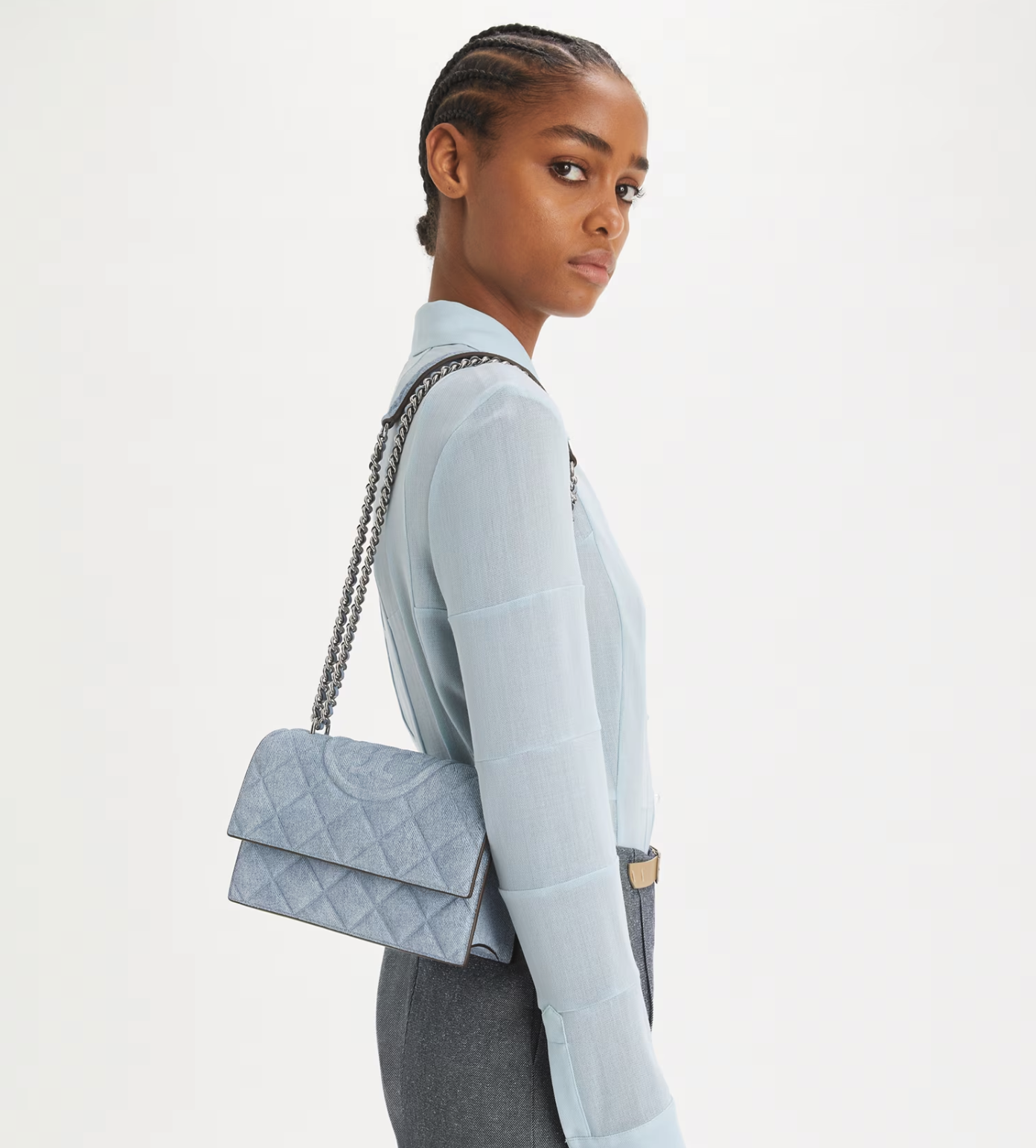 Tory Burch SMALL FLEMING DENIM-PRINT SUEDE SHOULDER BAG