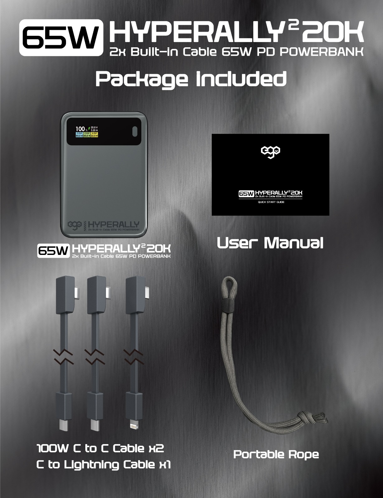 EGO 65W HYPERALLY² 20K 雙內置線 65W PD 行動電源