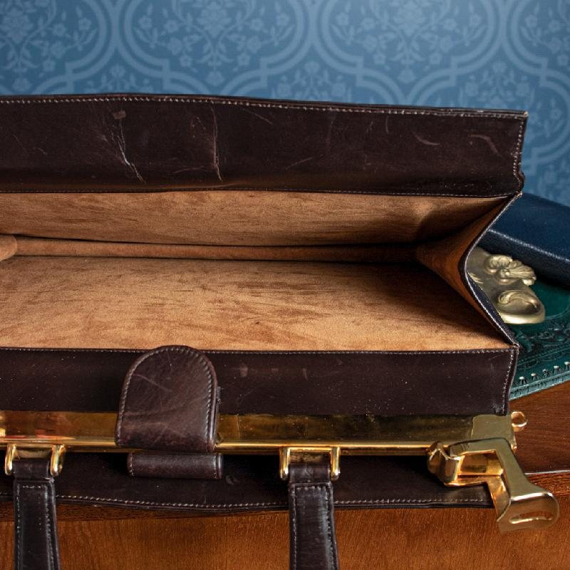 C.a. 1950-60s Chocolate Brown Golden Accent Double-Sided Large Leather Briefcase from Canada(MT664)