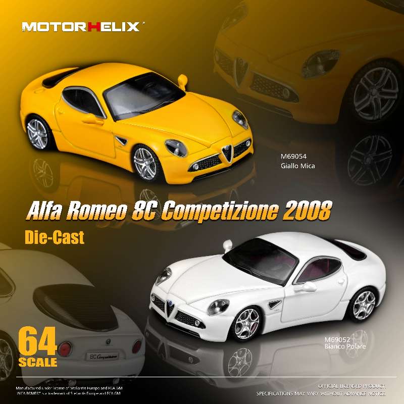 （預訂 Pre Order) MOTORHELIX 1/64 ( M69054 ) Alfa Romeo 8C Competizione 2008 Giallo Mica / ( M69052 ) Alfa Romeo 8C Competizione 2008 M69054 Bianco Polare