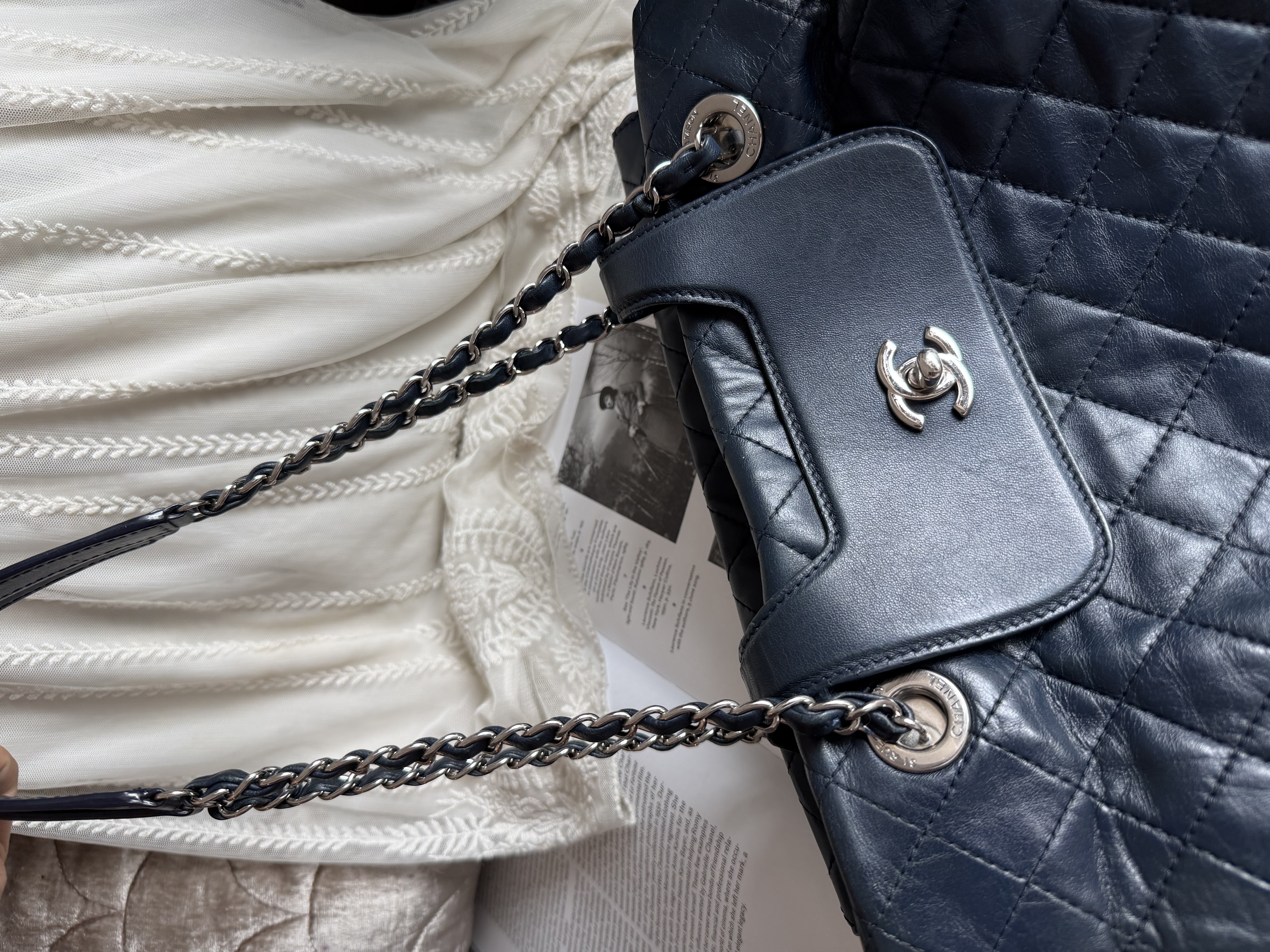 Chanel quilted matelasse navy leather chain bag