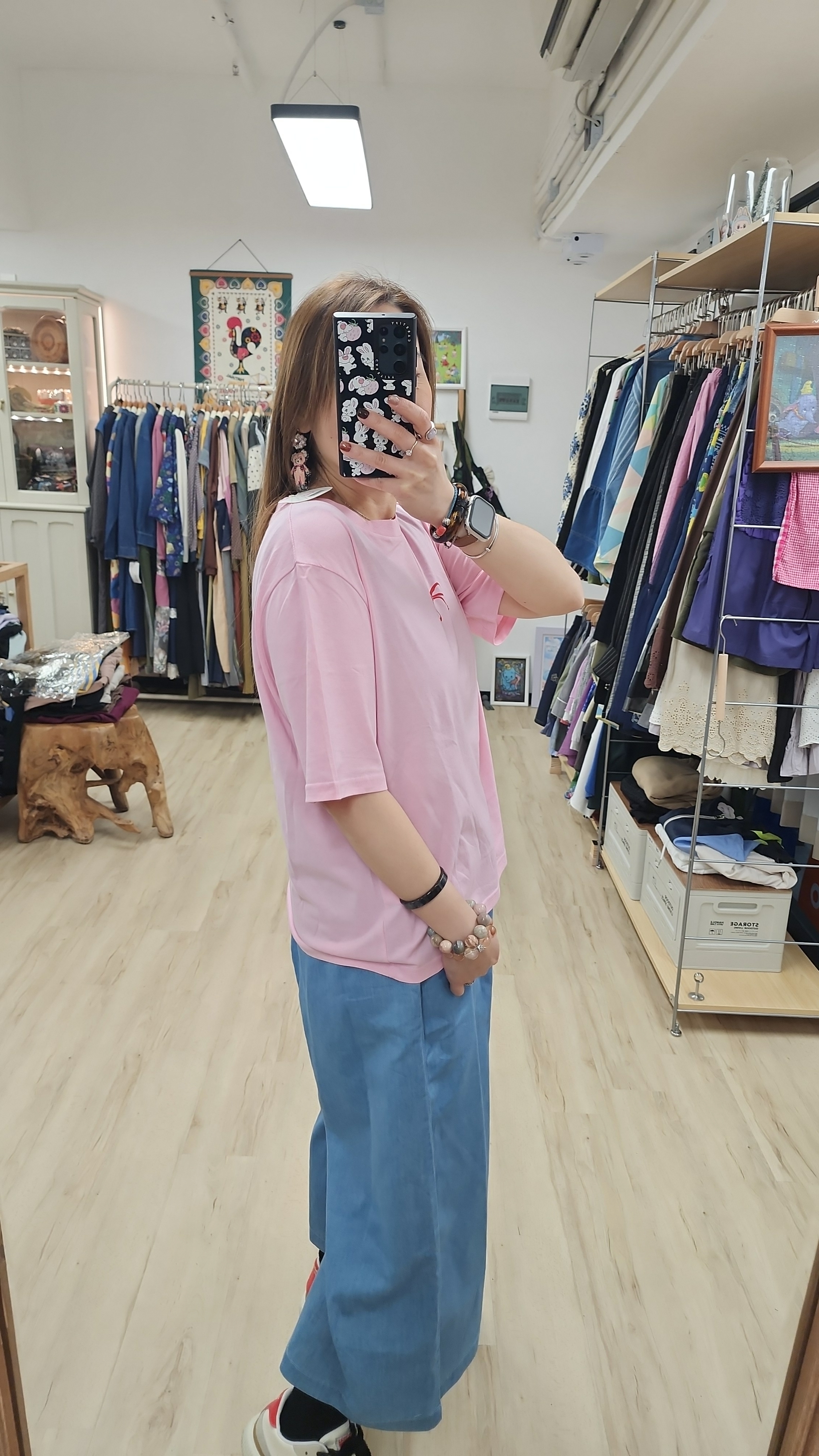 韓國粉紅拼小蝴蝶結印圖Tee