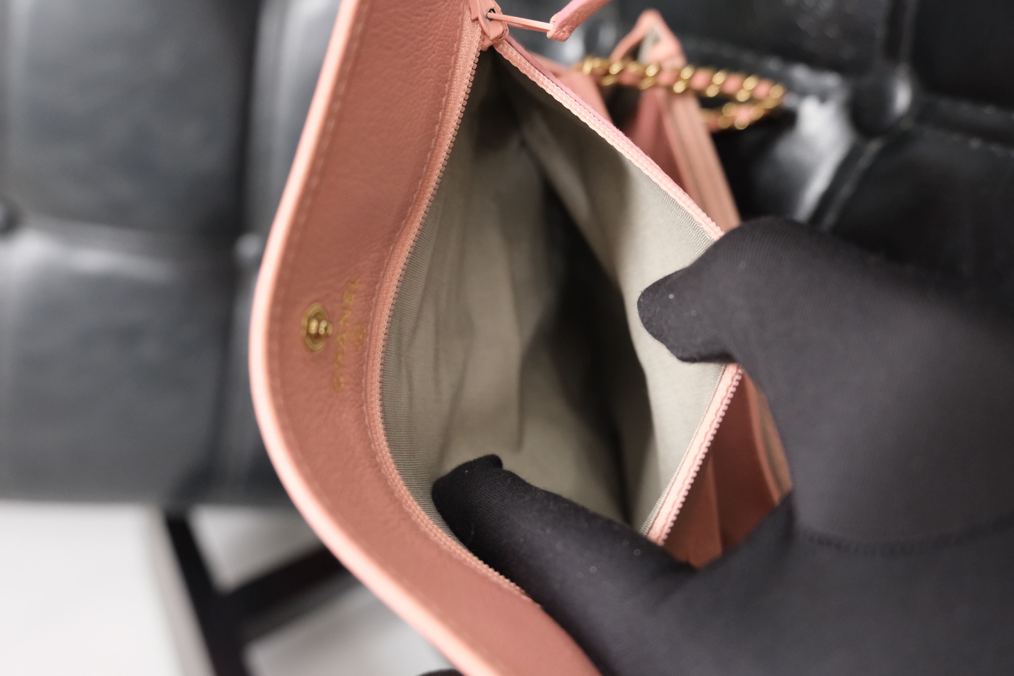 Chanel Camelia Leather Chain Wallet Pink Gold