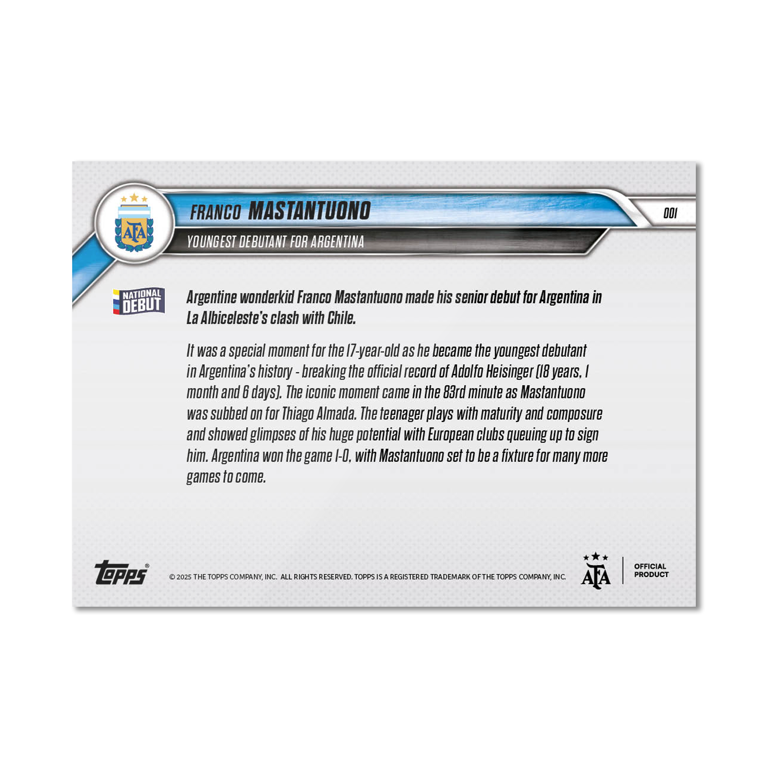 Franco Mastantuono RC - 2024-25 Argentina Topps NOW® #1 阿根廷最年輕上陣新人卡｜PR 7,463