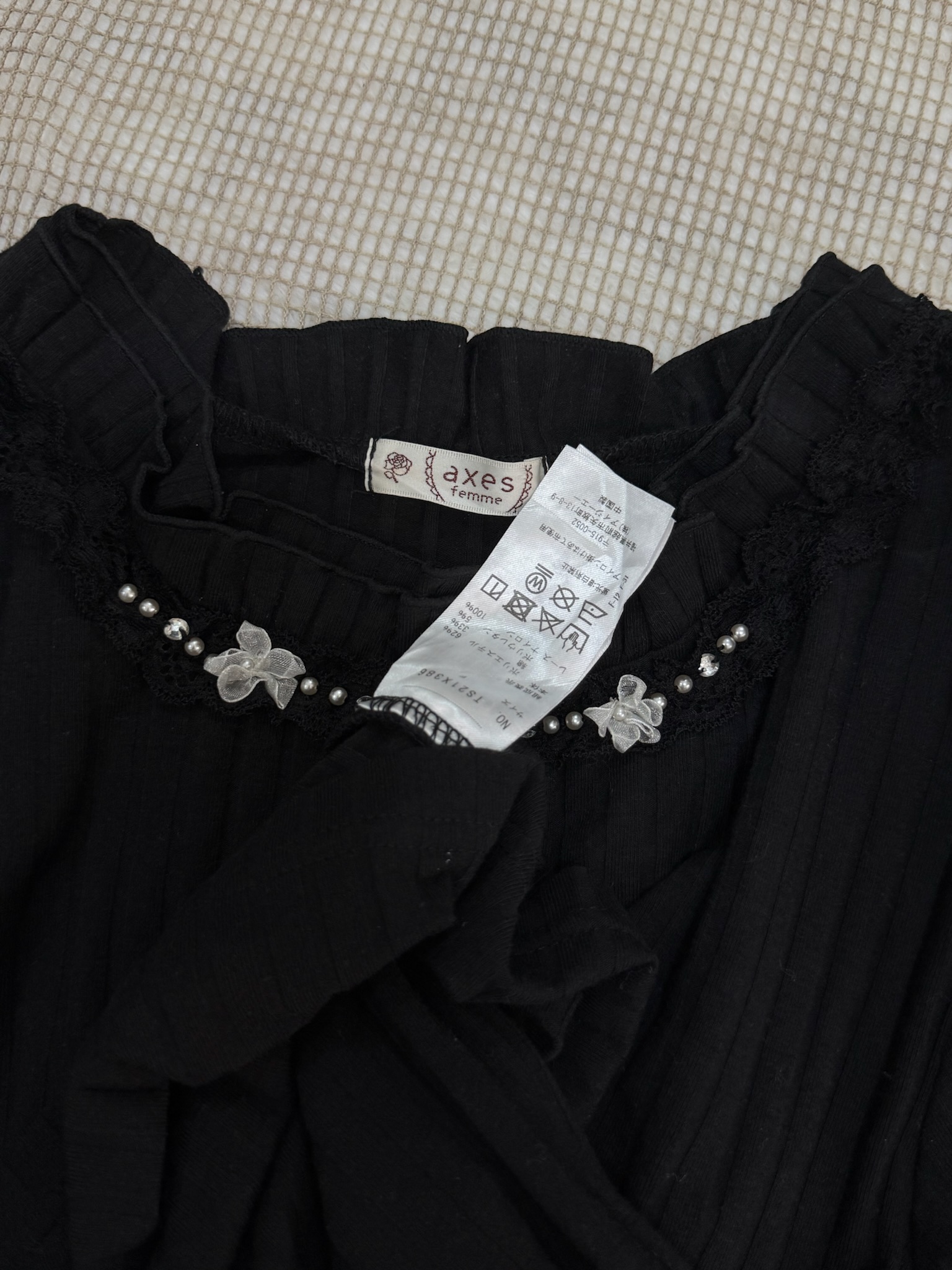 Axes Femme Ribbed Knit Top with Pearl & Bow Embellishments