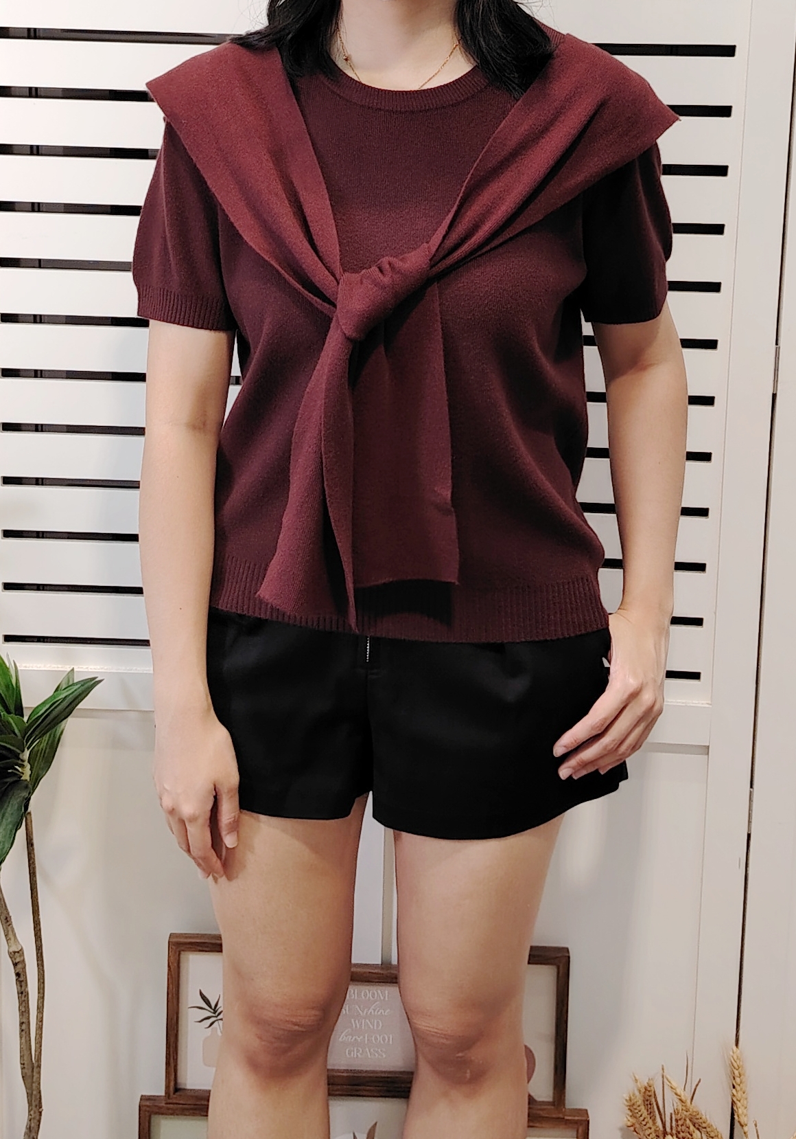 S2310 Knitted Short Sleeve Top With Shawl