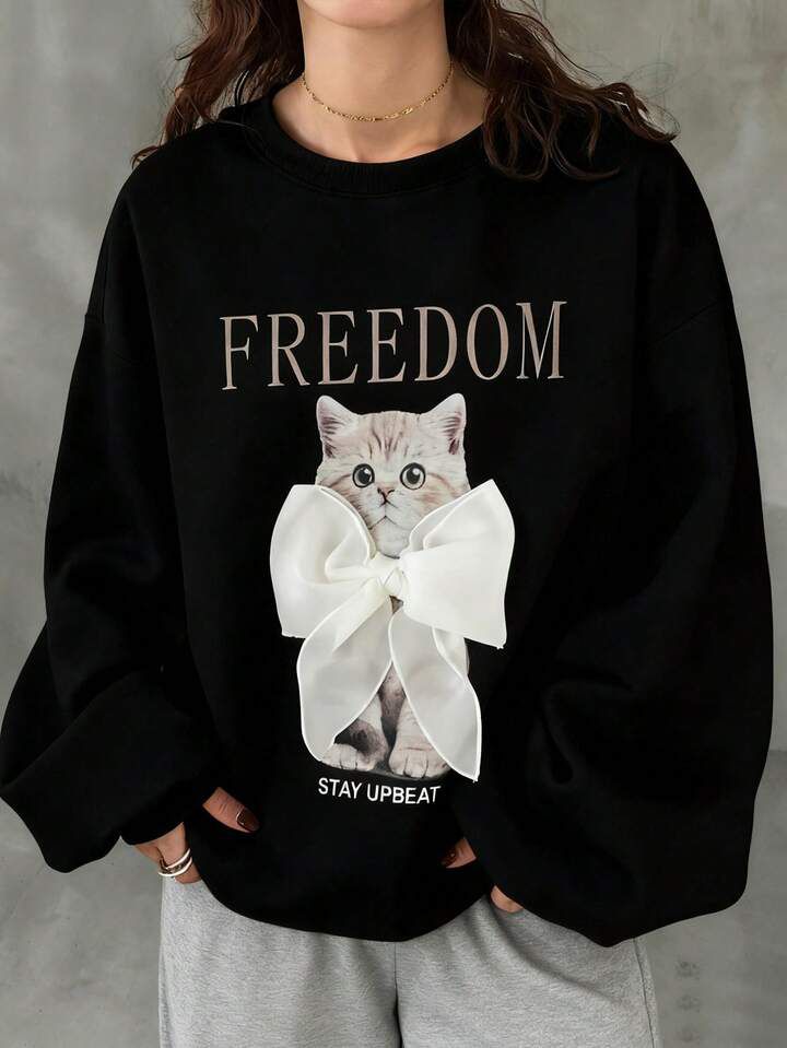 可愛貓咪印花寬鬆圓領衛衣