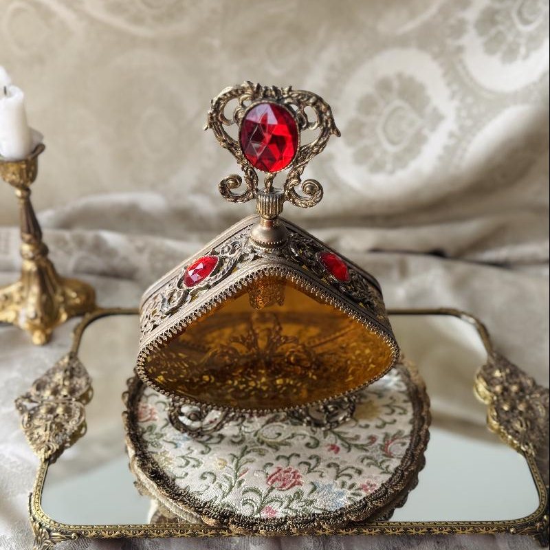 Rare! Early to Mid-Century Romantic Revival Ormolu & Amber Glass Large Perfume Bottle (MT2494)