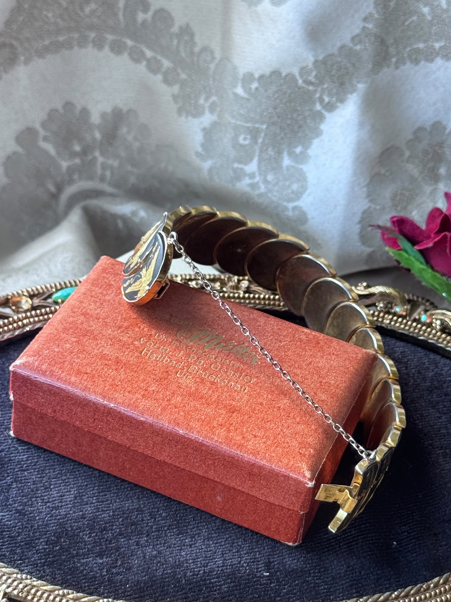 Mid-Century Black & Gold Damascene Crescent Shape Bird Bracelet  - 7.5" (MT2617)