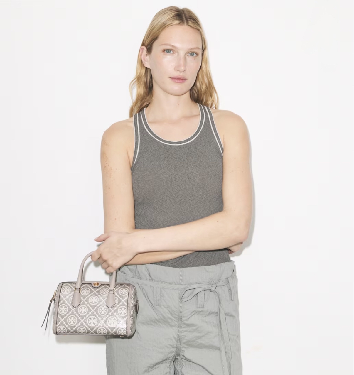 T MONOGRAM COATED JACQUARD PETITE BARREL BAG