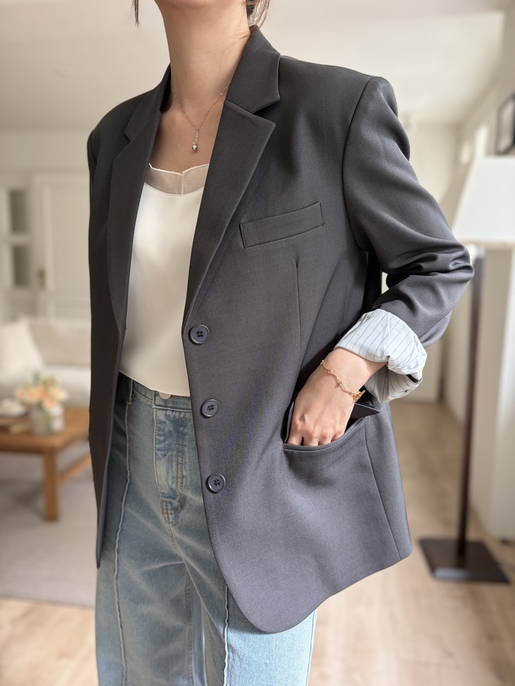 Margot Blazer with Striped Cuffs (Charcoal)
