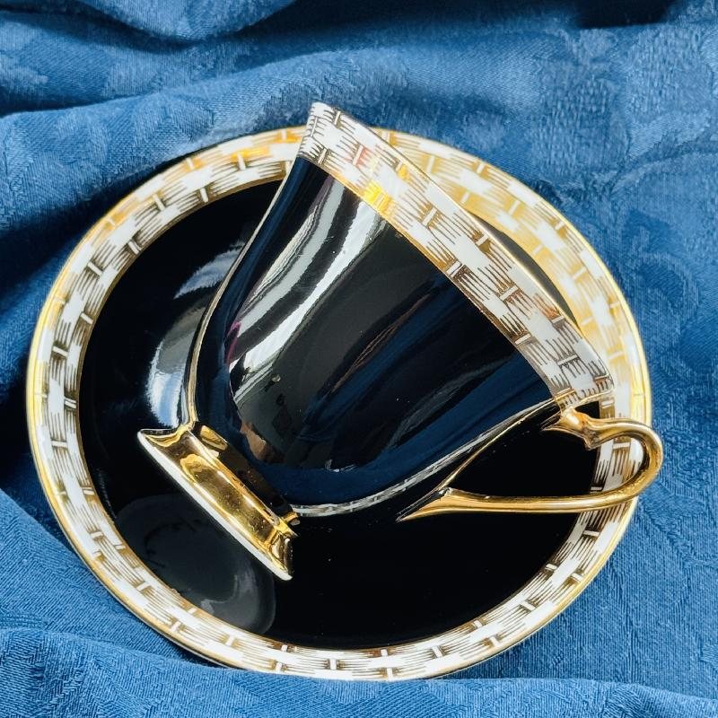 C.a. 1950-60s Windsor Made in England Bone China Black Tea Set Duo with Rose Pattern and Wicker Trim (MT2038)