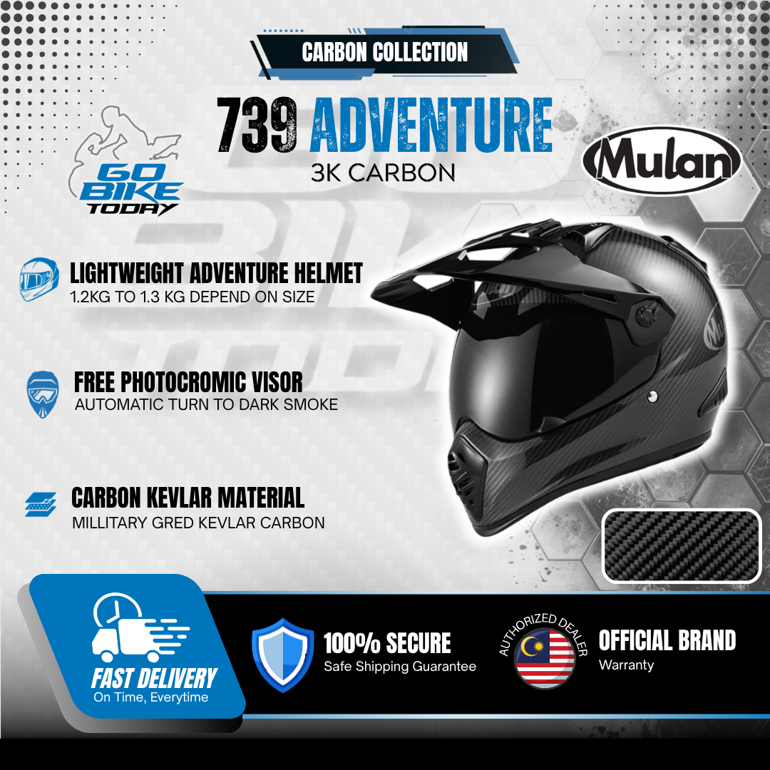 MULAN 739 3K CARBON FIBRE Adventure Helmet | Bulletproof Kevlar | Photochromic Visor | ECE Approved | Touring Ready