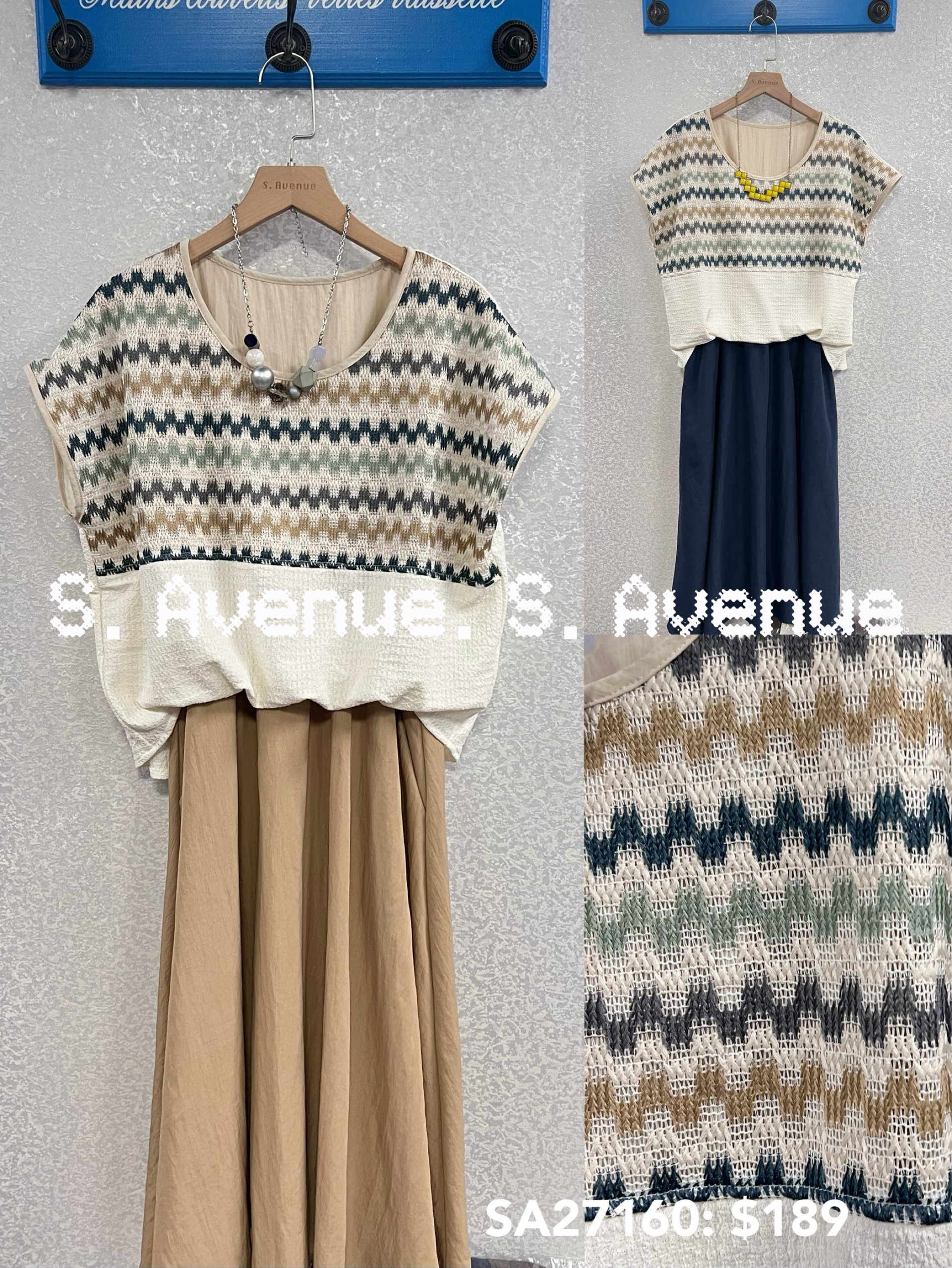 SA27160: 短袖上拼間勾織下拼西布op