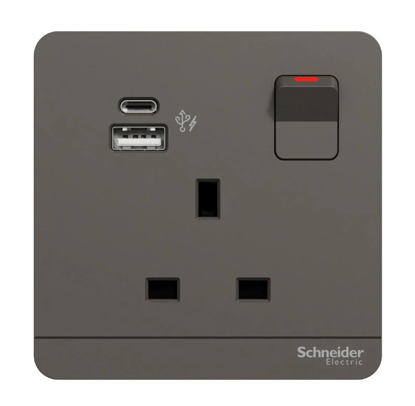 Schneider 施耐德 奐尚 13A單位連保護門有掣雙極插座連兩位USB充電插座Type A+C
