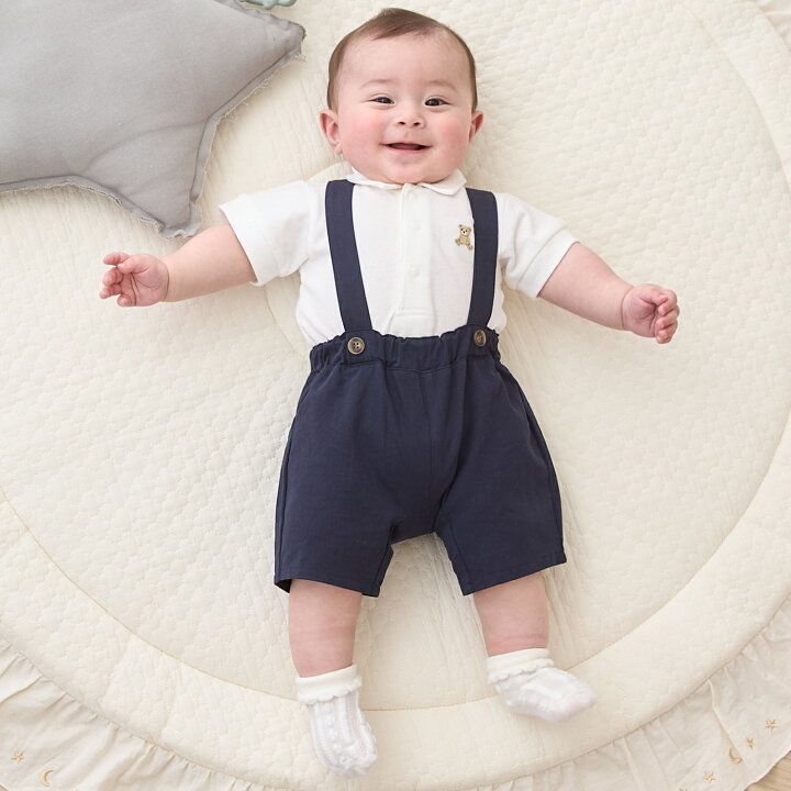 🇯🇵預訂 日本直送🇯🇵Petit Main兩色小熊刺繡翻領短袖包屁衣吊帶褲套裝