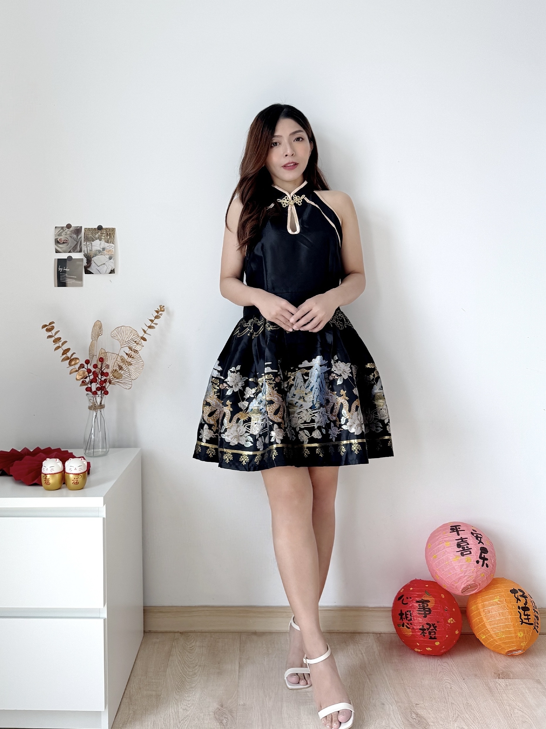 福利款原价RM109【Golden Phoenix Dress 锦绣烟雨 】新中式重工刺绣挂脖连衣裙（2 colours）Premium Quality