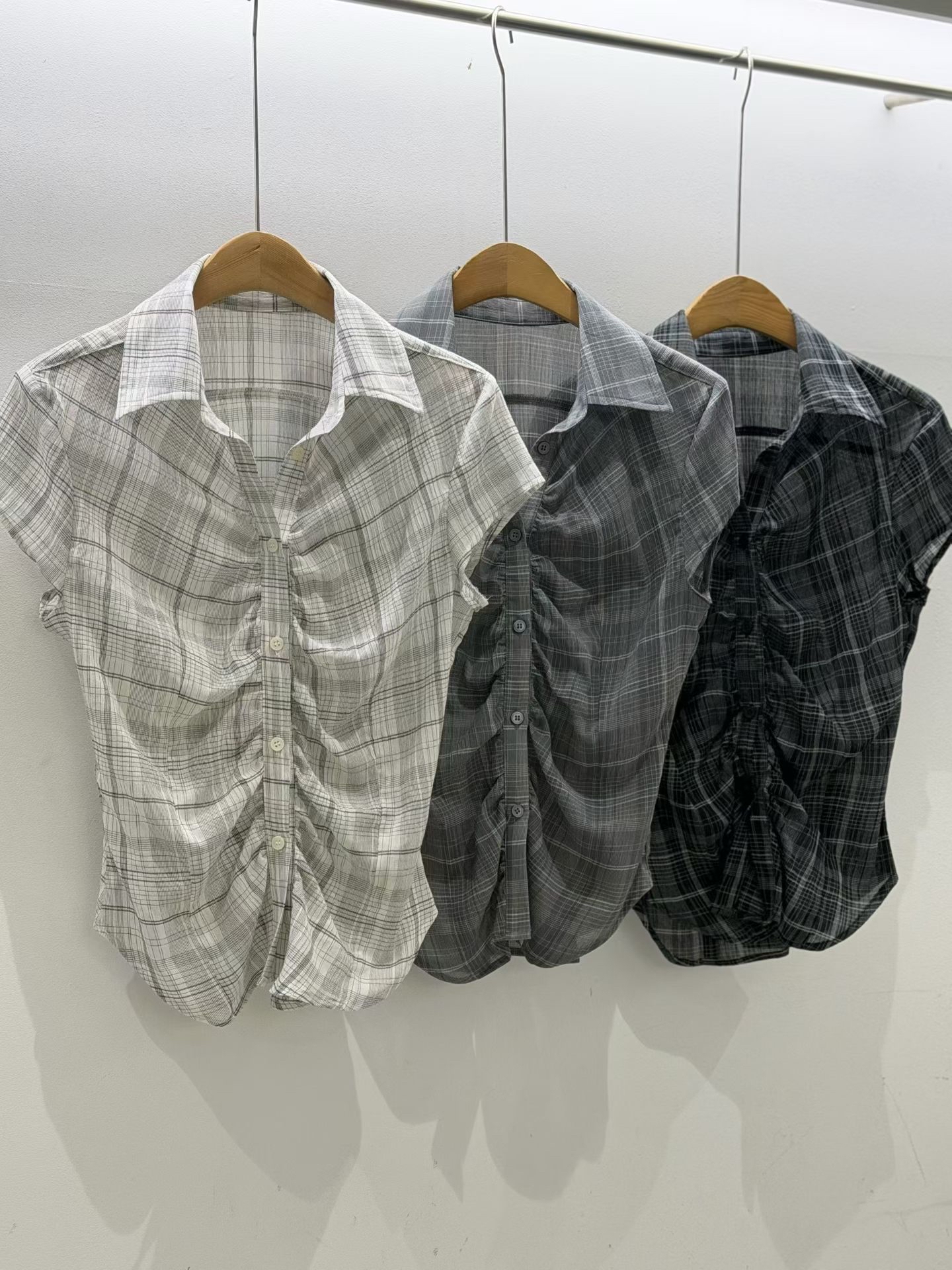 Plaid Shirred Button-Up Blouse