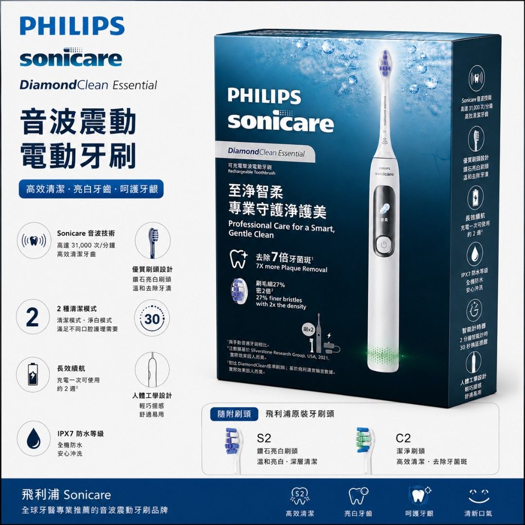 Philips 飛利浦 DiamondClean Essential 聲波震動牙刷 HX3892【平行進口】- 附送兩個牙刷頭 