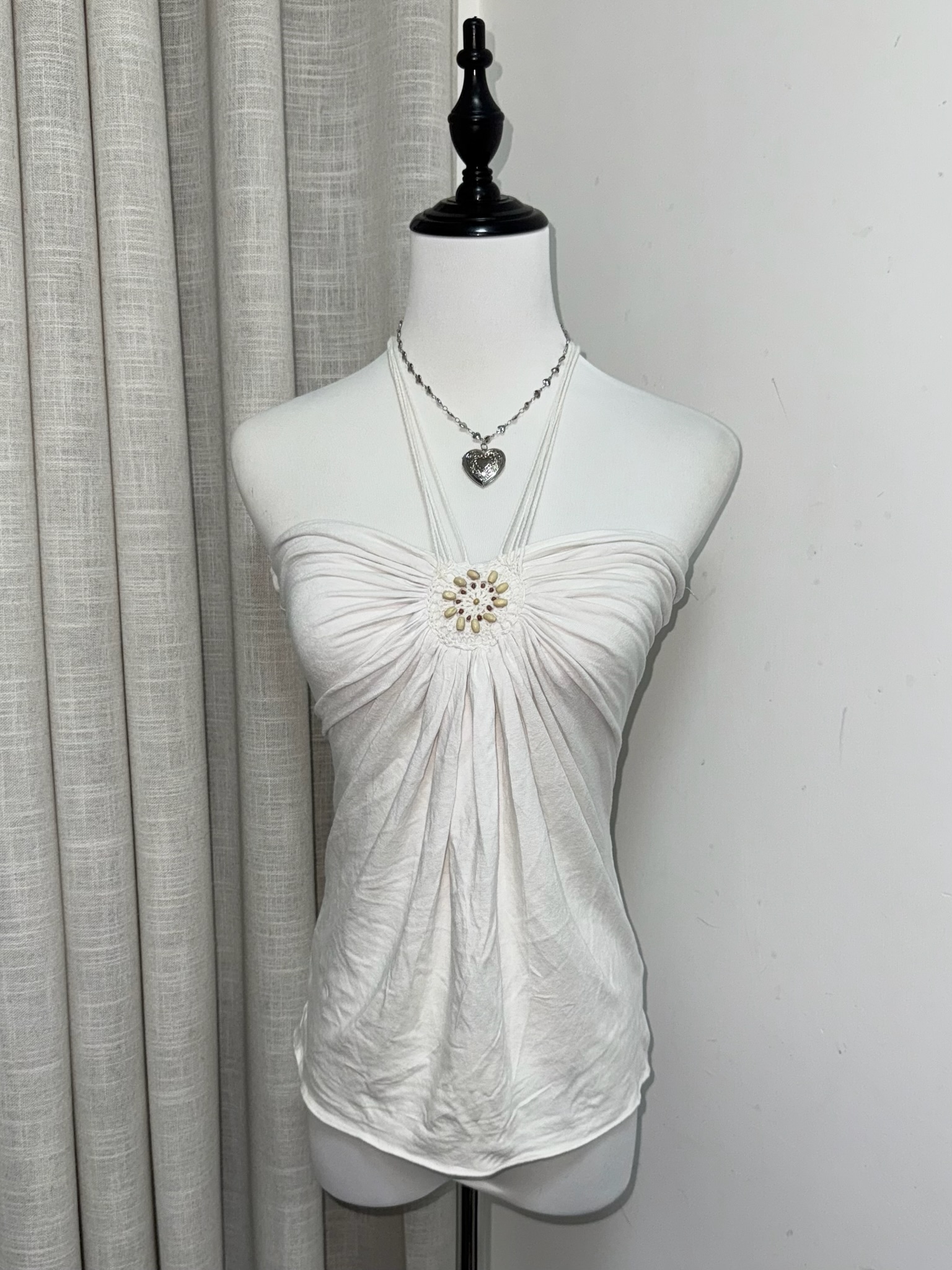 White Halter Neck Top with Center Beaded Sunburst Detail and Ruching