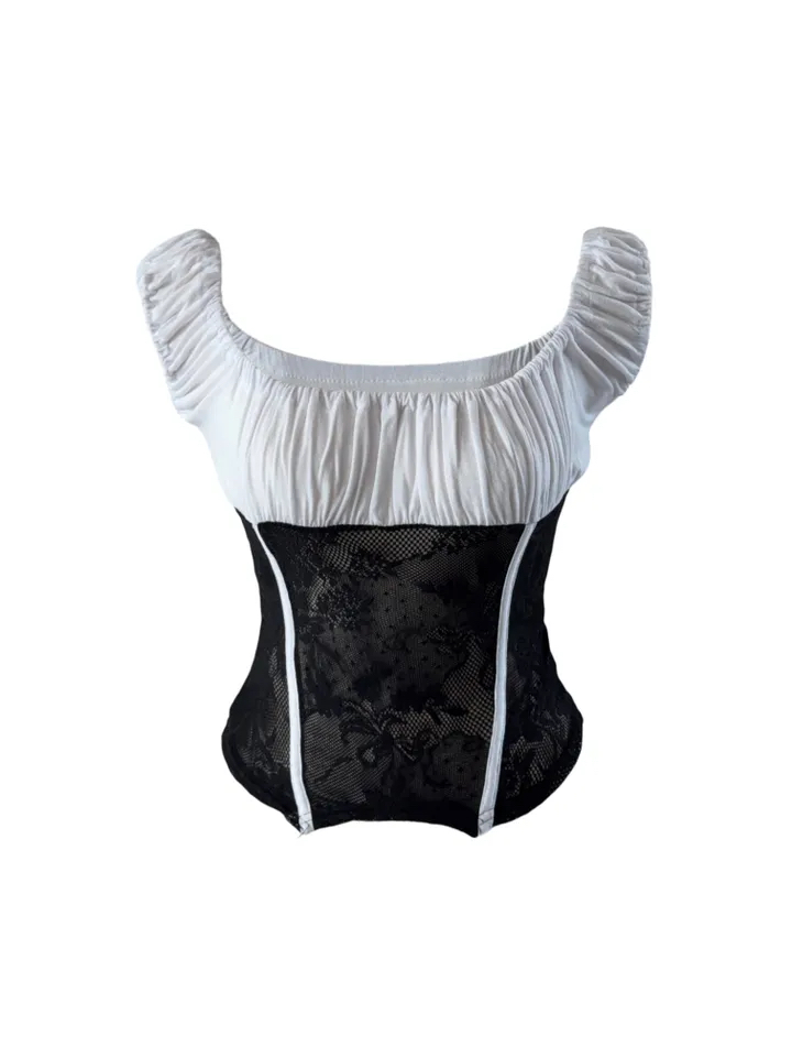 Ruched Sheer Lace Panel Corset Top