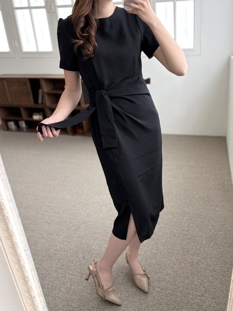 Elise Draped Slit Dress (Black)