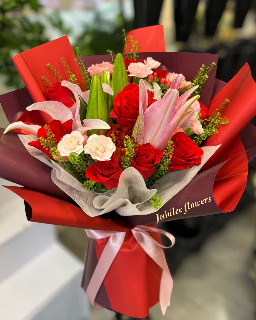 紅玫瑰 百合花束