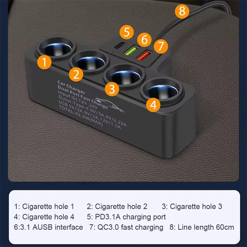 車載點煙器一拖四帶QC3.0+USB+PD快充接口 12V 24V UB0245