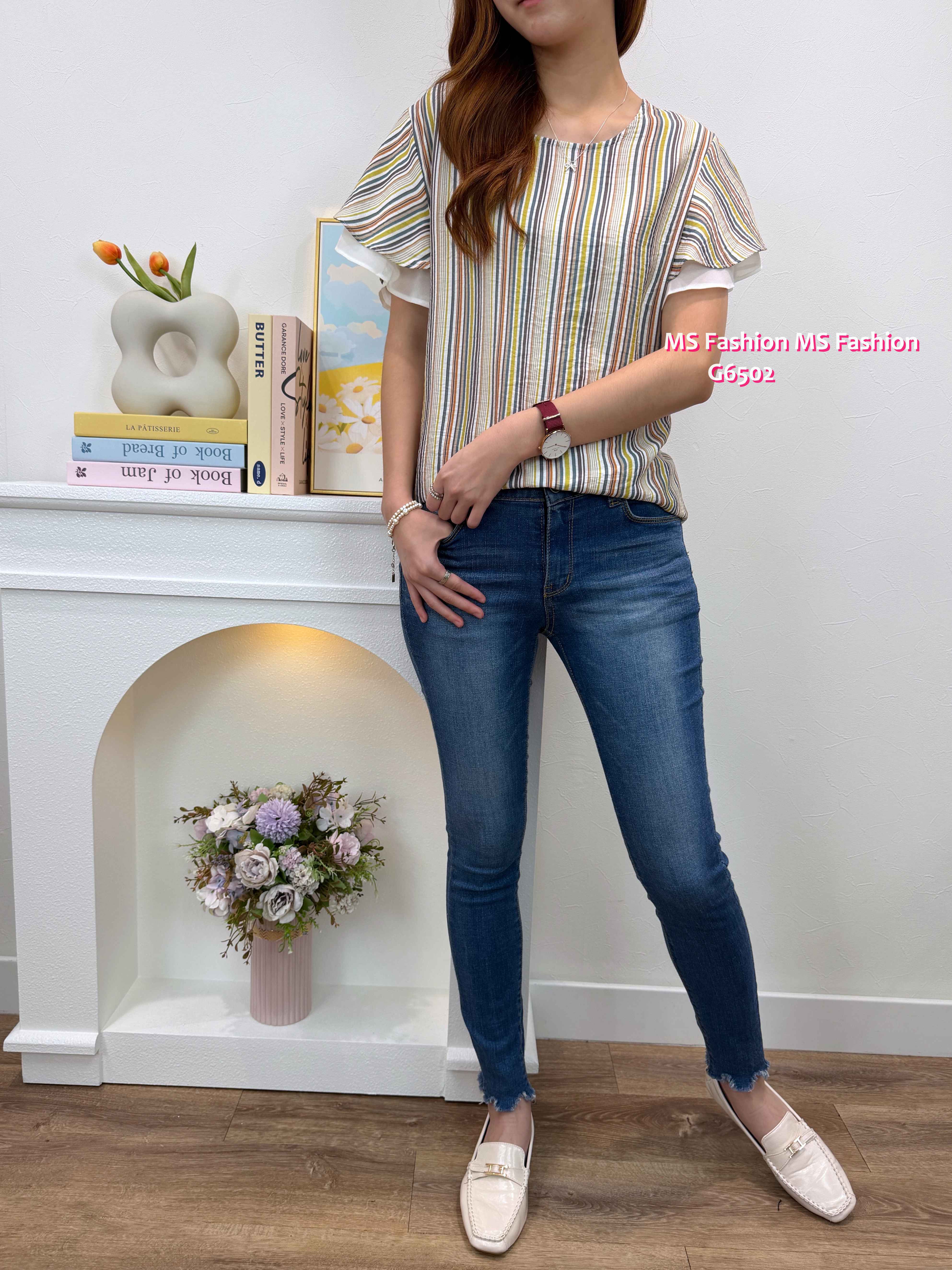 G6502 靚色條子ruffle袖top