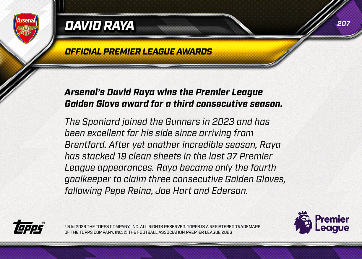 David Raya - 2025/26 Premier League Topps NOW #207 三連金手套卡｜PR 1,324