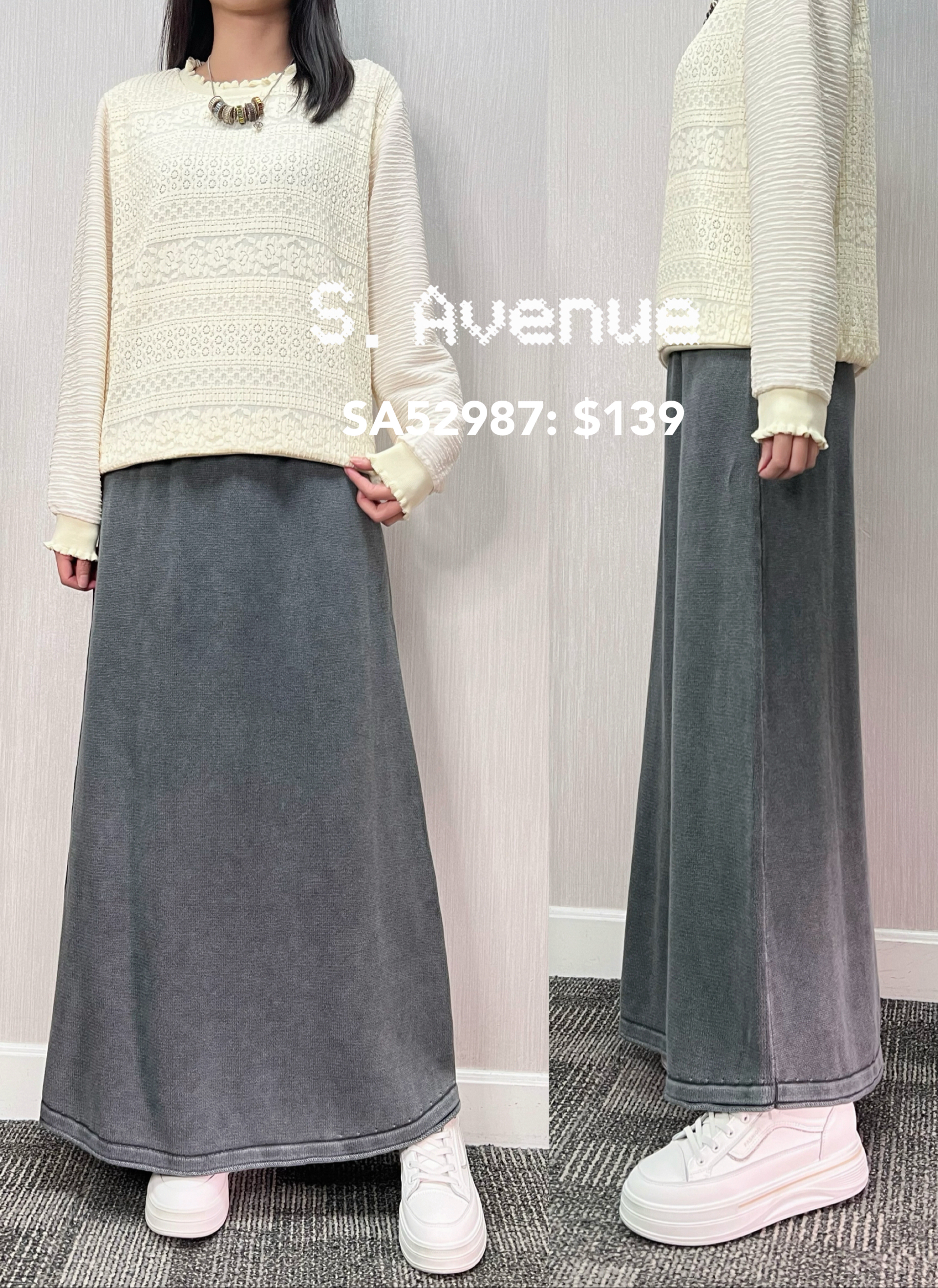 SA52987: 橡筋腰洗水小A字棉線長裙