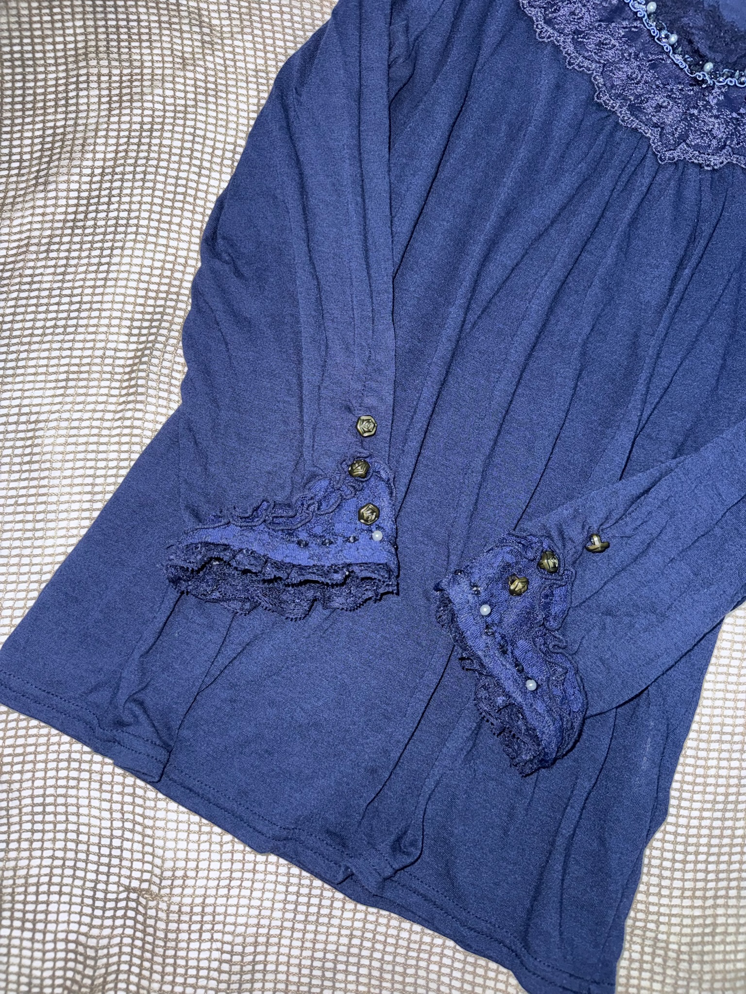 Dark Navy Lace-Trim Scoop Neck Top with Pearl Accents