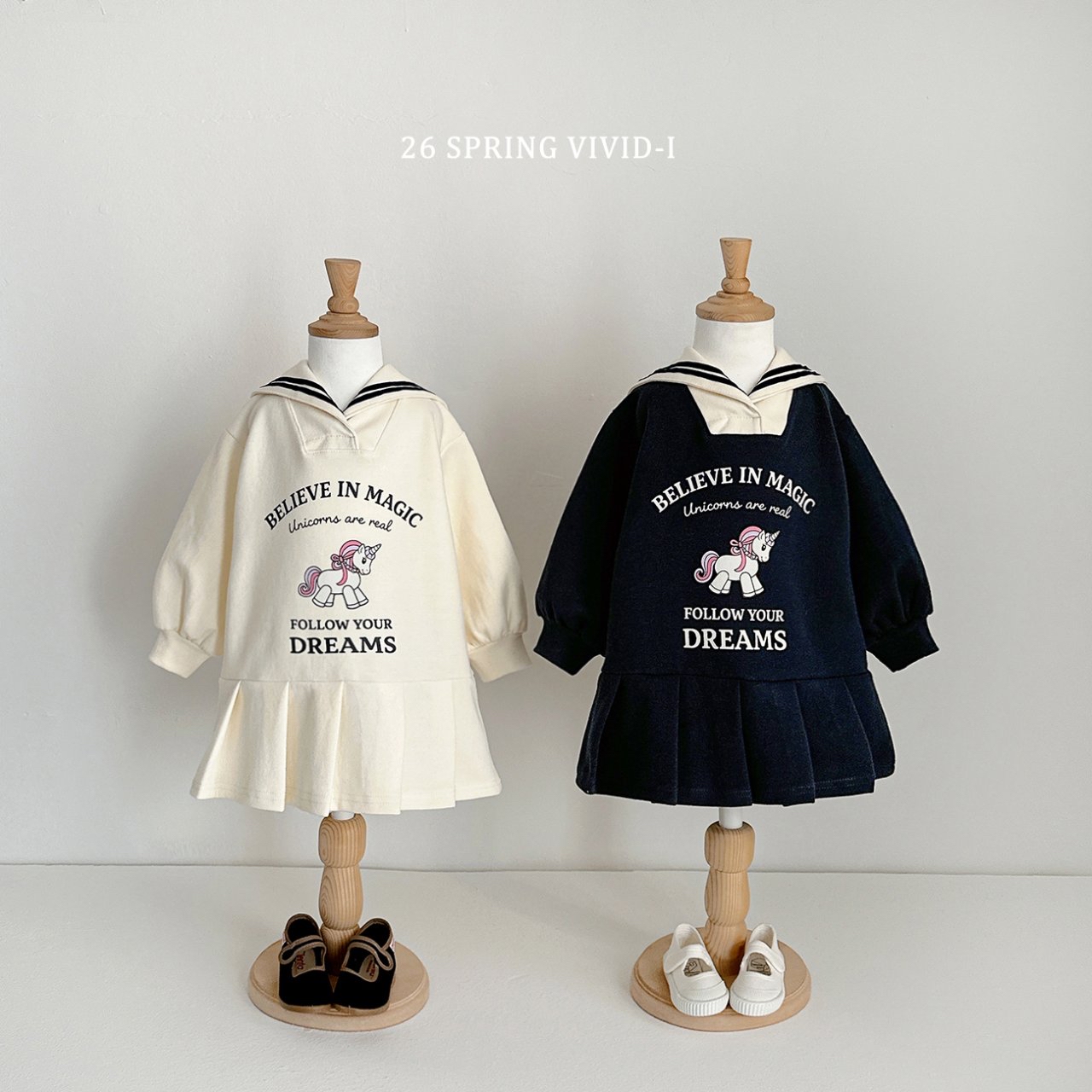 🌸預訂 韓國直送🌸🇰🇷VIVIDI四色水手領獨角獸印花長袖百摺連身裙