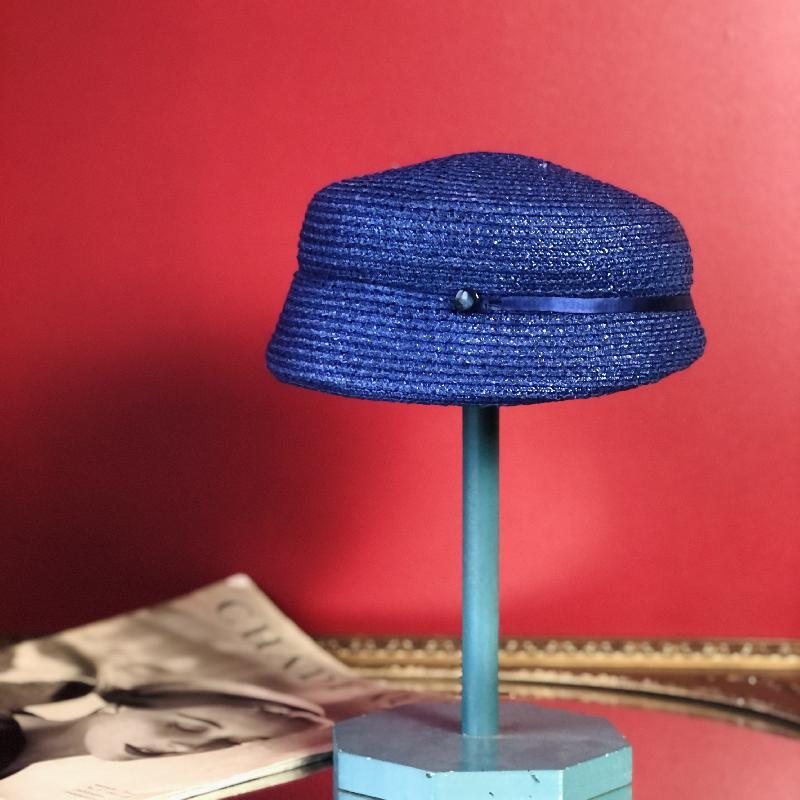 C.a. 1960s Indigo Blue Straw Lady Cap Hat (MT1230)