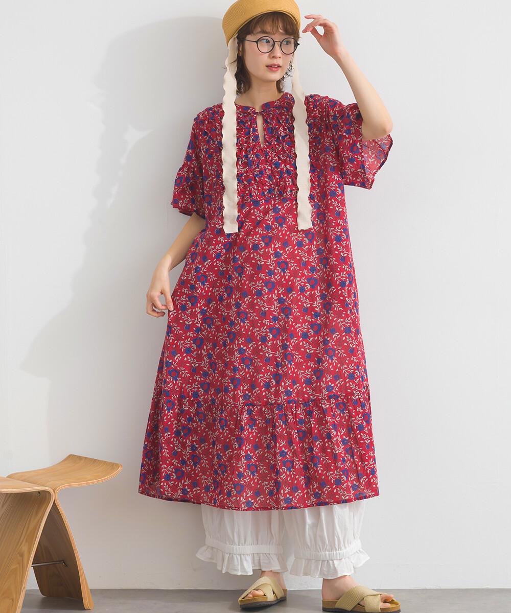 LP - 印度棉復古花卉連身裙 (紅色)