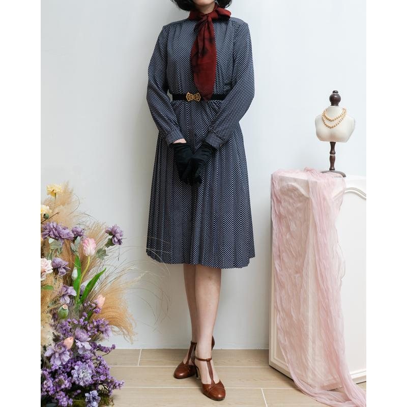 Vintage Japanese Ronshoin Polka Dot High Collar Button Up Pleated Dress(MT1608-94)