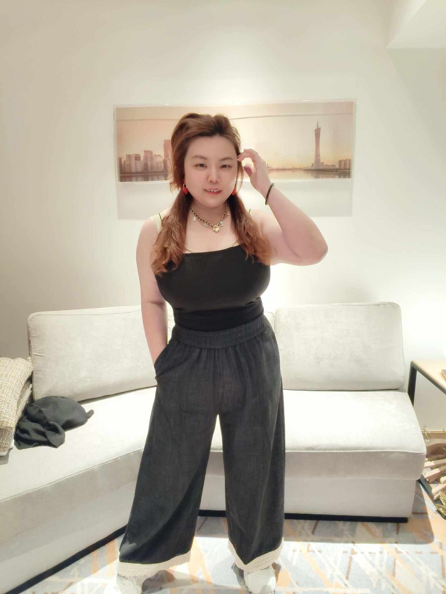 YCH10 1651 大码拼色裤脚阔脚裤长裤