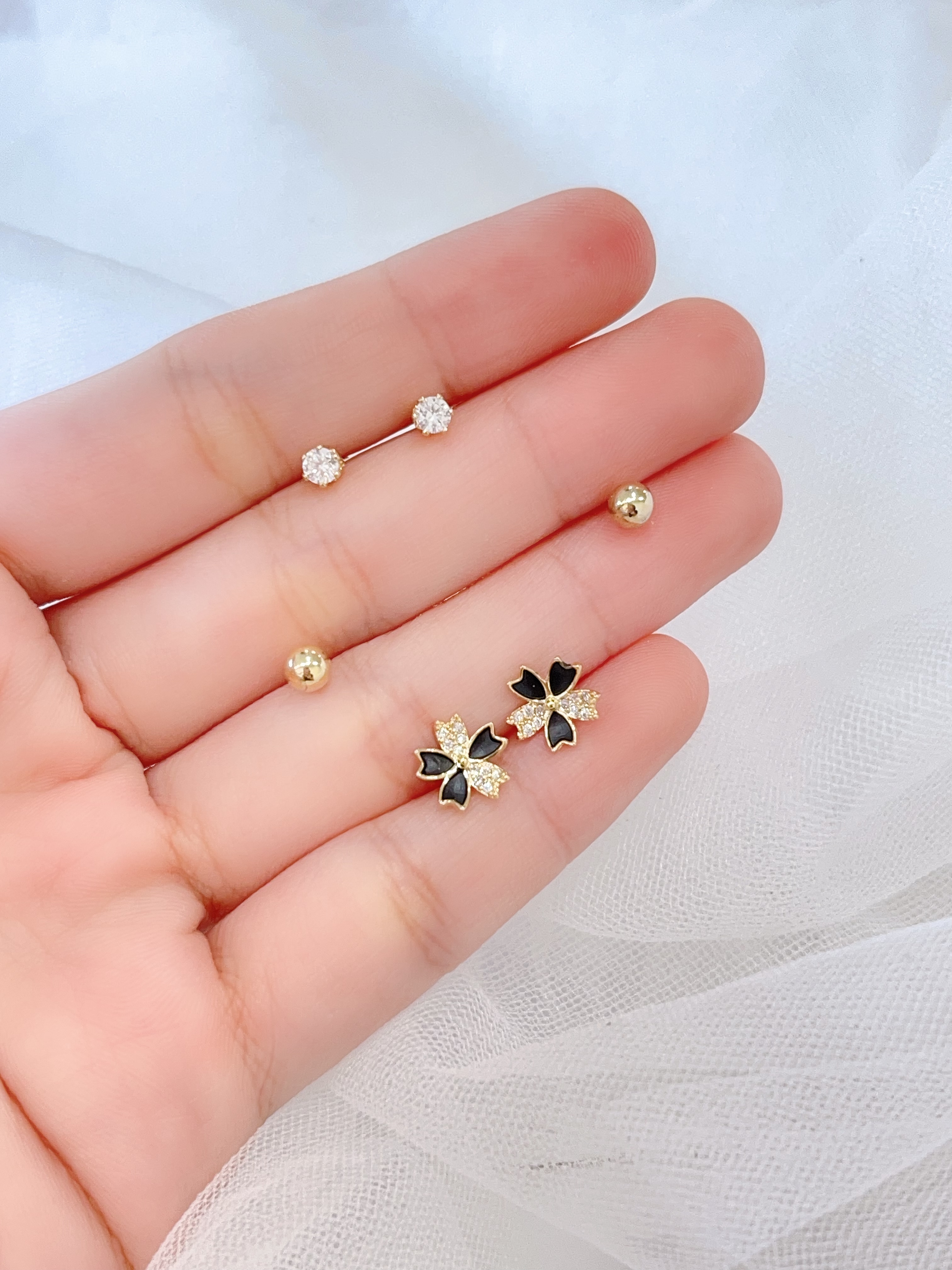 高级黑白色小花耳环套装