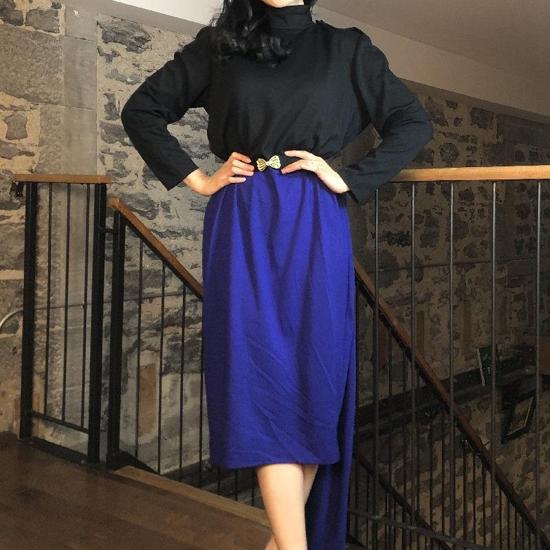 Vintage 1980s Avon Fashion Colour Block Dress with Long Sash Tail(MT474)