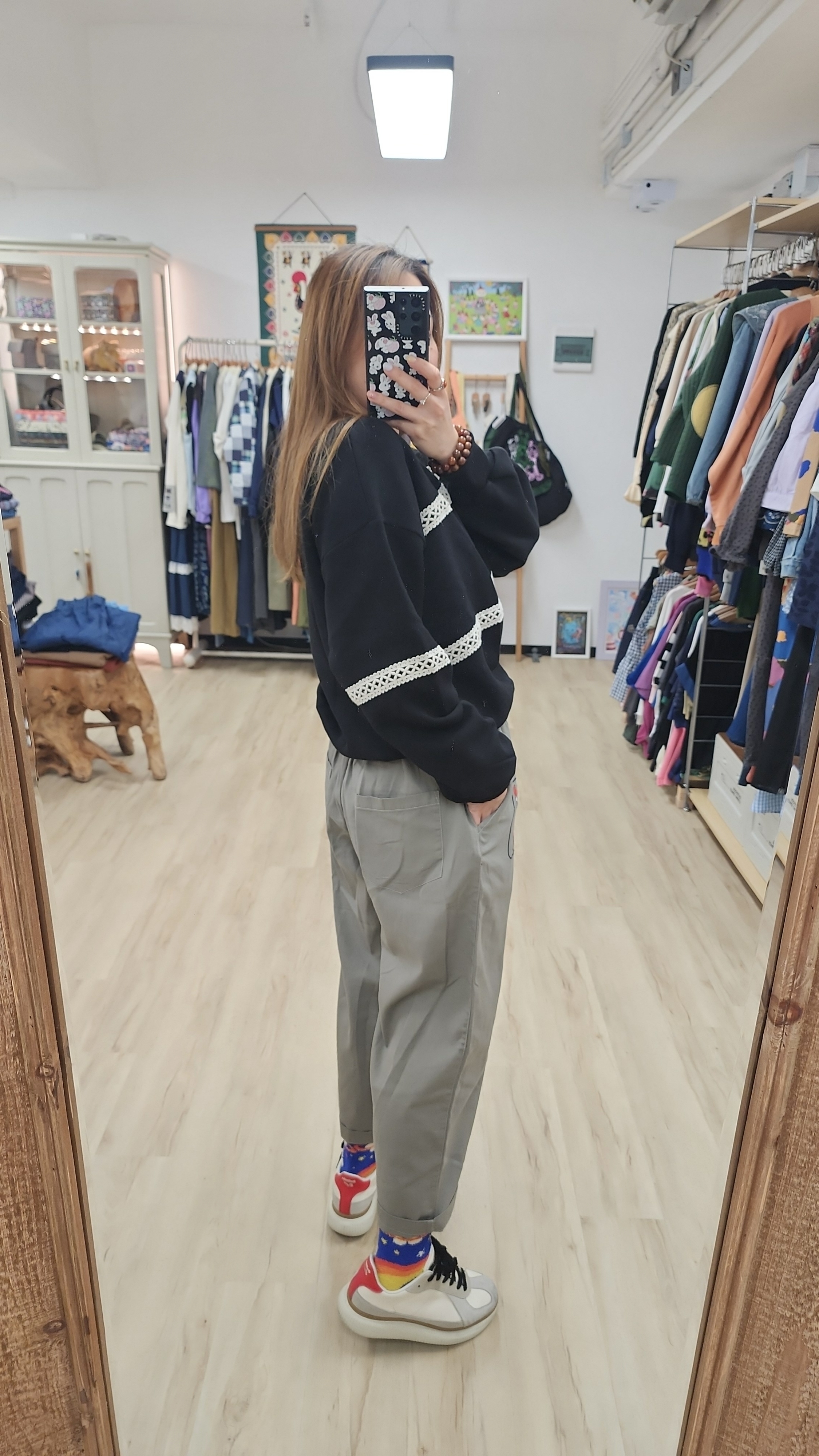 日牌灰拼拳手貓貓刺繡橡筋棉麻褲