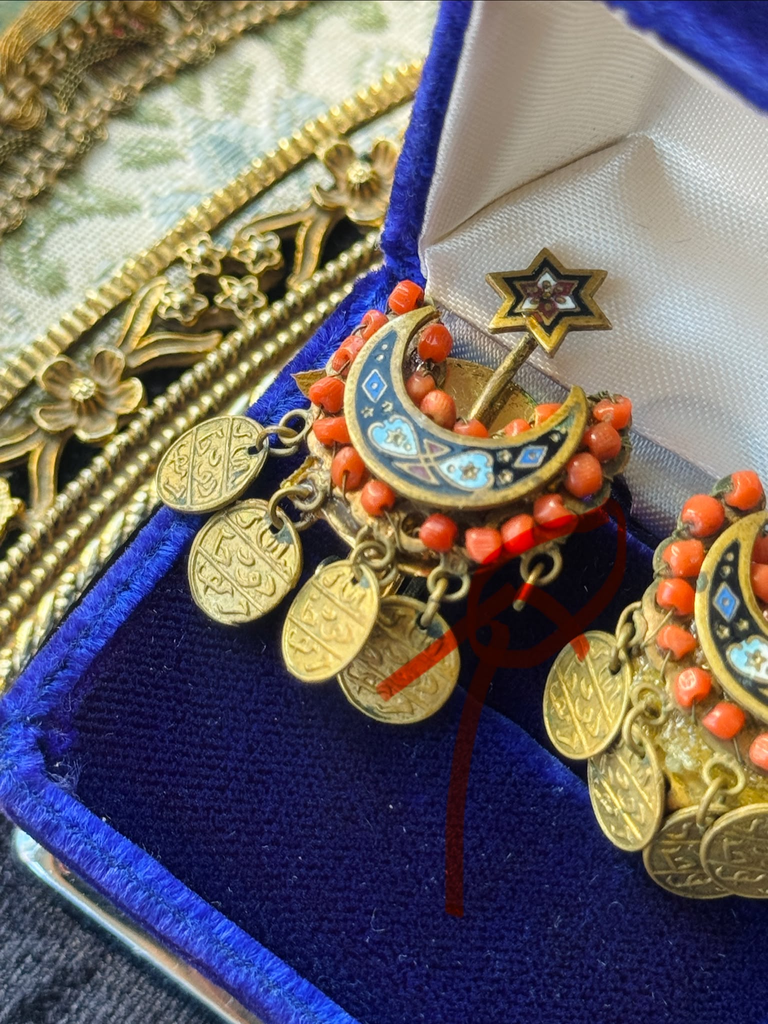 C.a. 1830s–1880s Ottoman Coral & Enamel Crescent Moon and Star Brooch and Earrings Demi-Parure (MT2653)