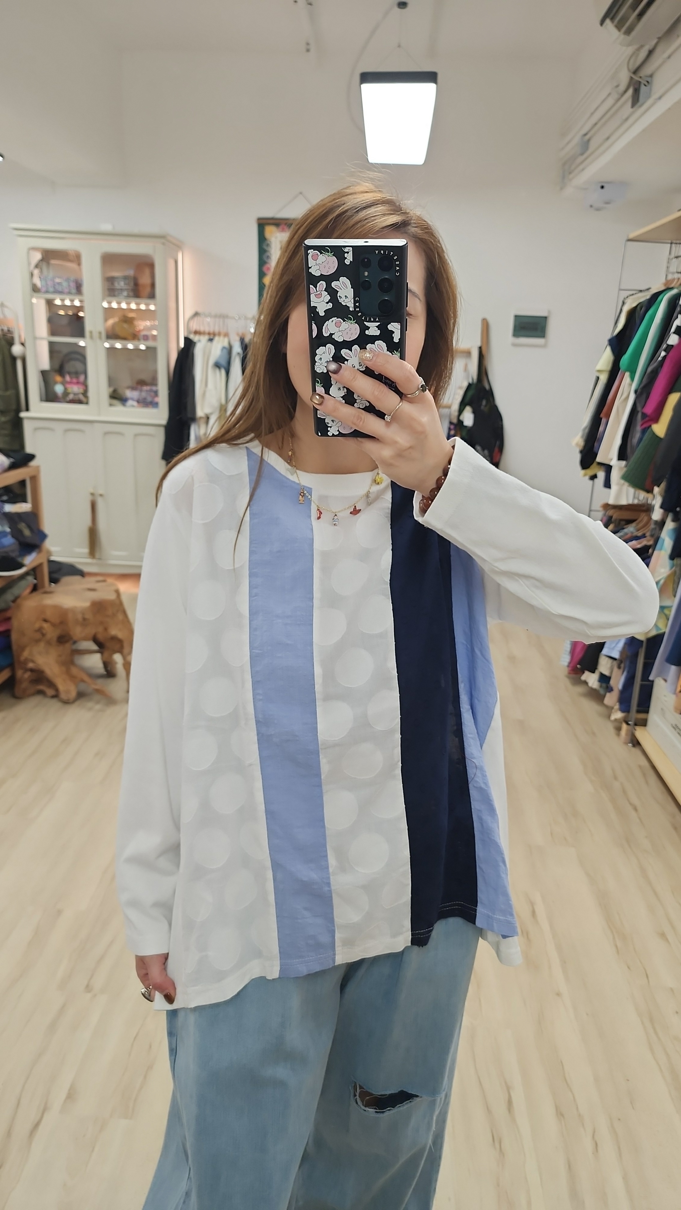 日牌白拼深淺藍波點拼布Tee