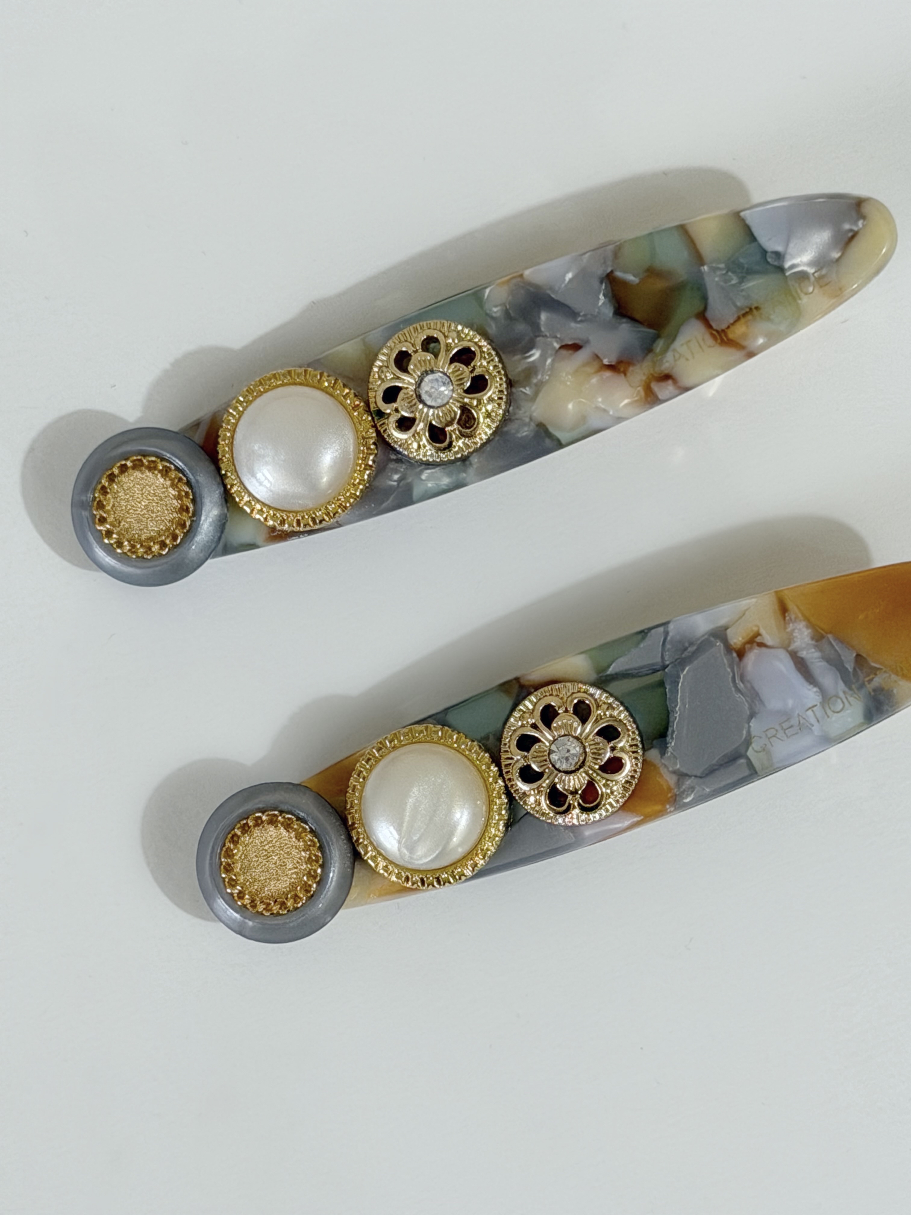 復古鈕扣髮夾/珍珠橙綠混色夾 6cm長