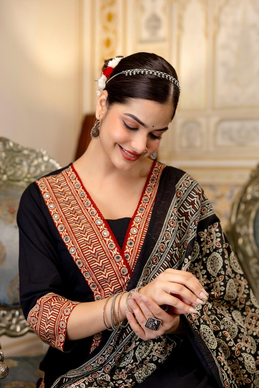 Black and deep red cotton Kurta set