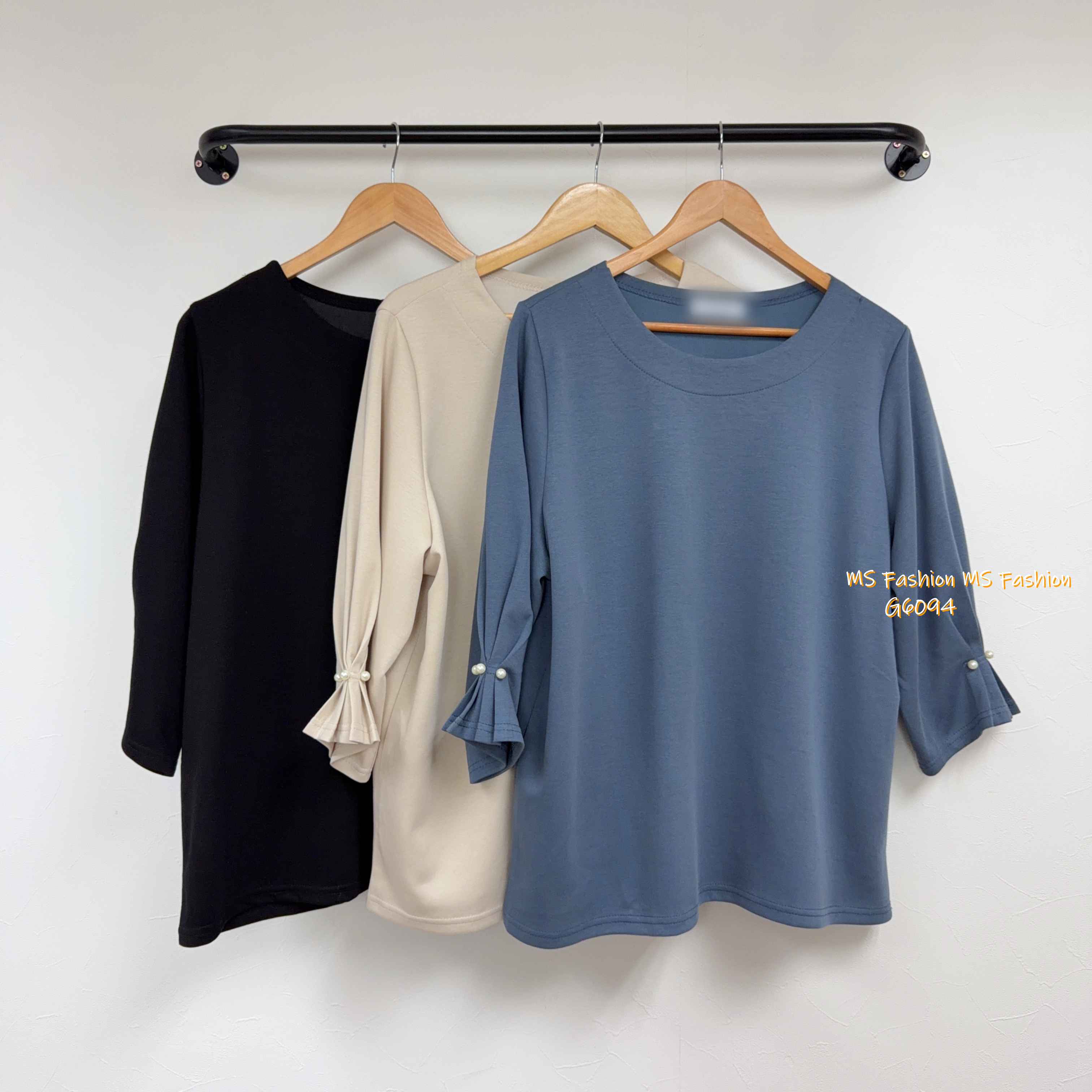 G6094 韓國🇰🇷百摺珠袖淨色top